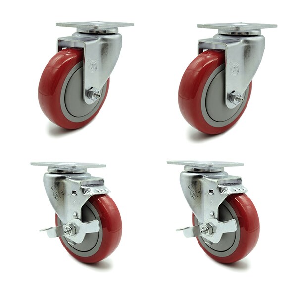 4 Inch Red Polyurethane Wheel Swivel Top Plate Caster Set with 2 Brakes SCC